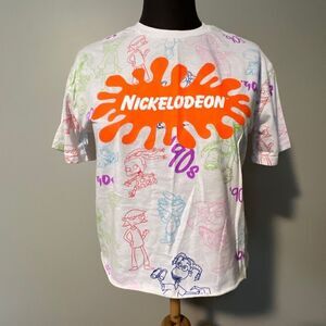 Nickelodeon Women's Multicolor All Over Cartoon Print Cropped Top T-Shirt Small